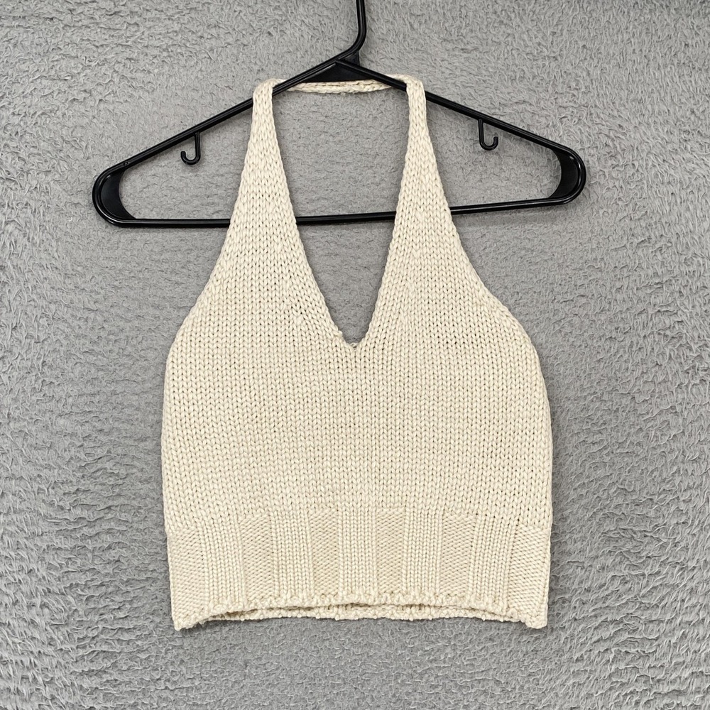 Lulus Halter Crop Top Womens Small Crochet Knit Halter Summer Boho Beach Cream